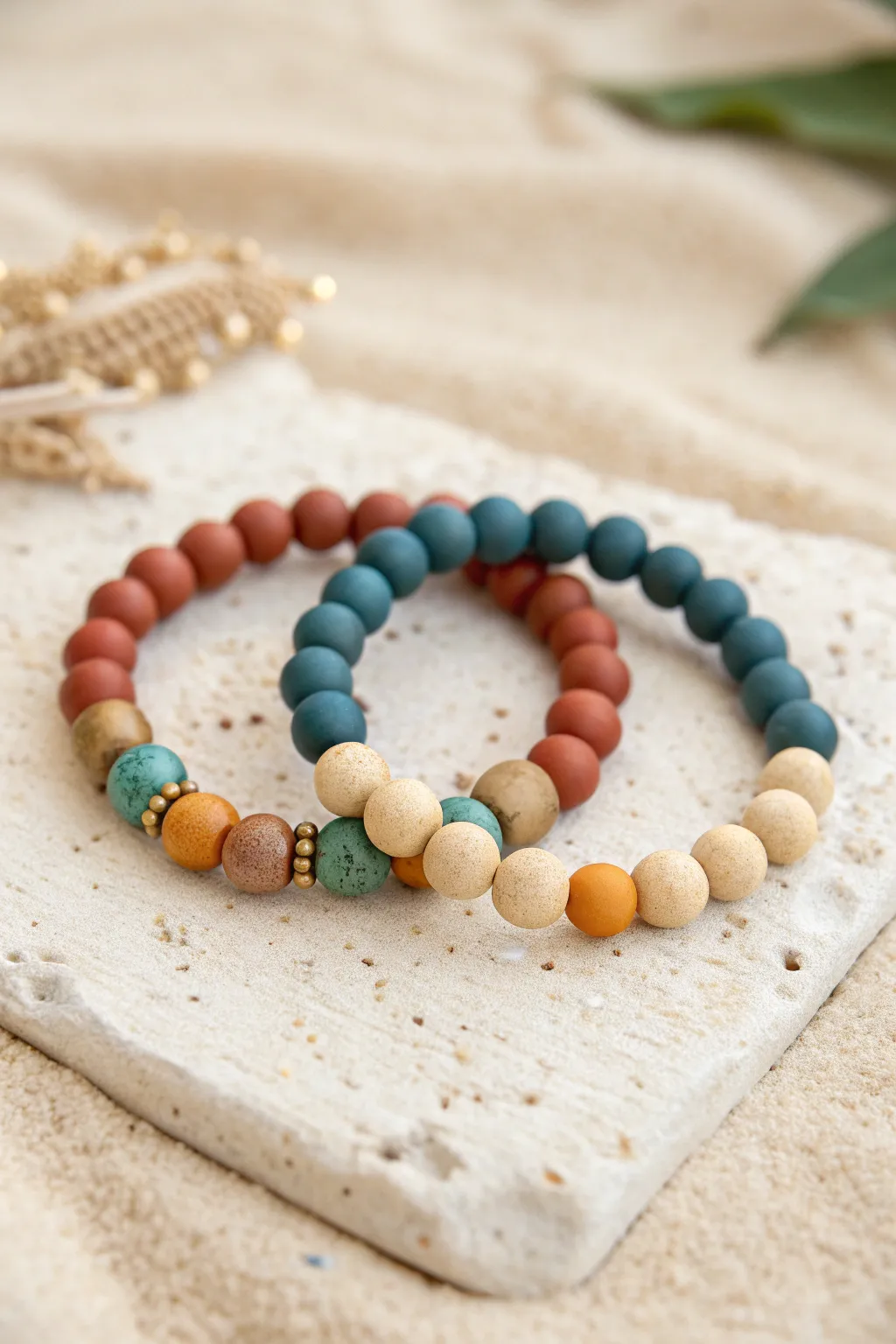 Warm sunset meets cool ocean: matching clay bead bracelets with a shared neutral center.