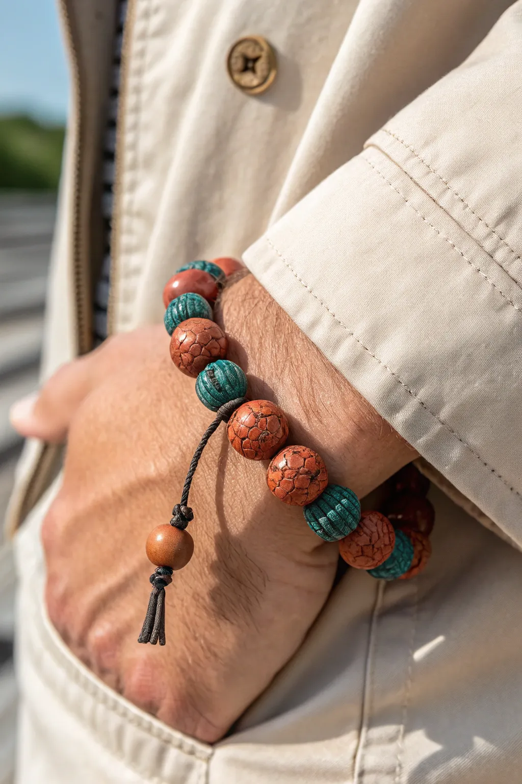 Rugged imprinted clay beads meet minimalist style for an easy guys bracelet with bold color pop