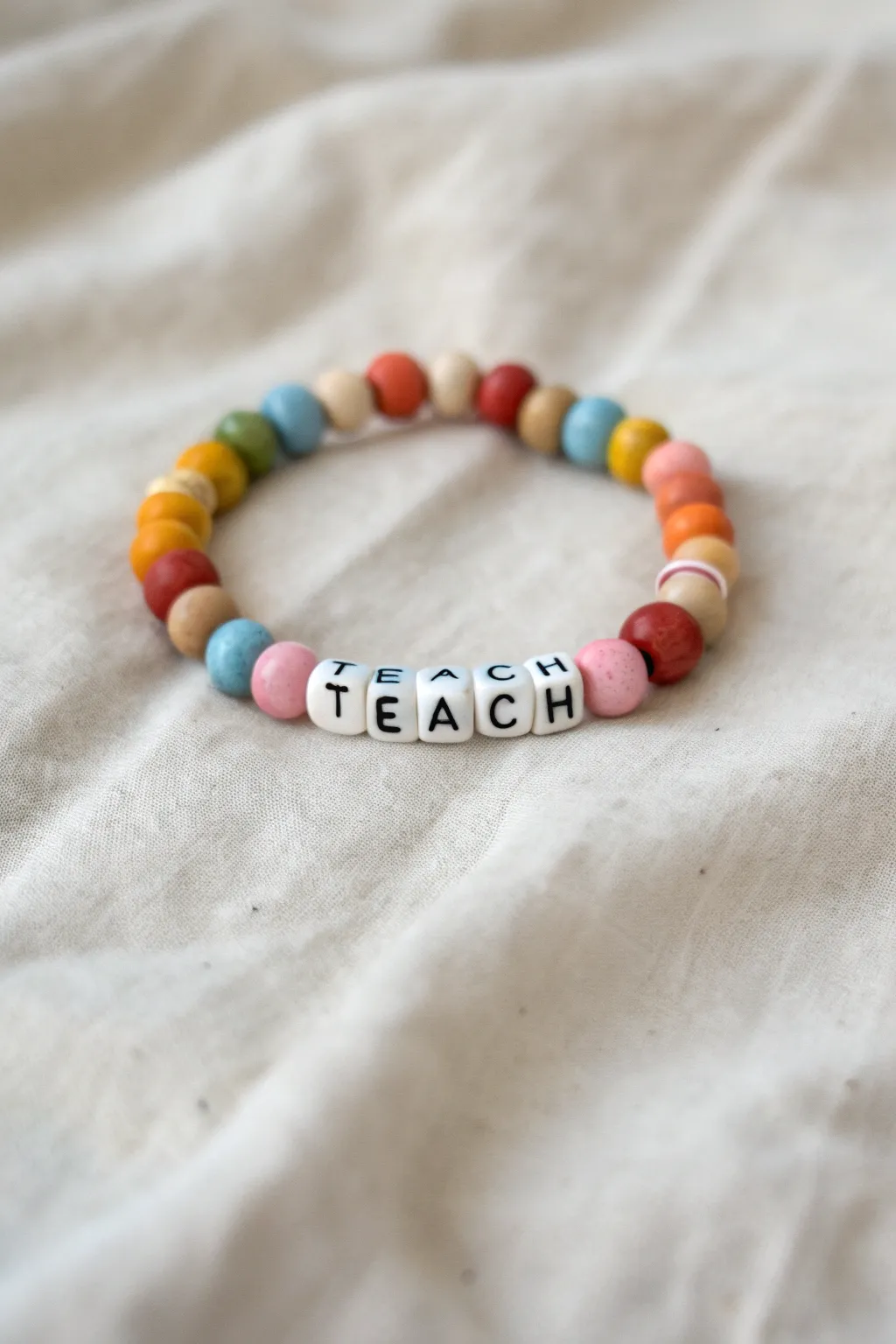 Crayon-bright clay bead bracelet with TEACH centerpiece, a cheerful gift for any teacher.