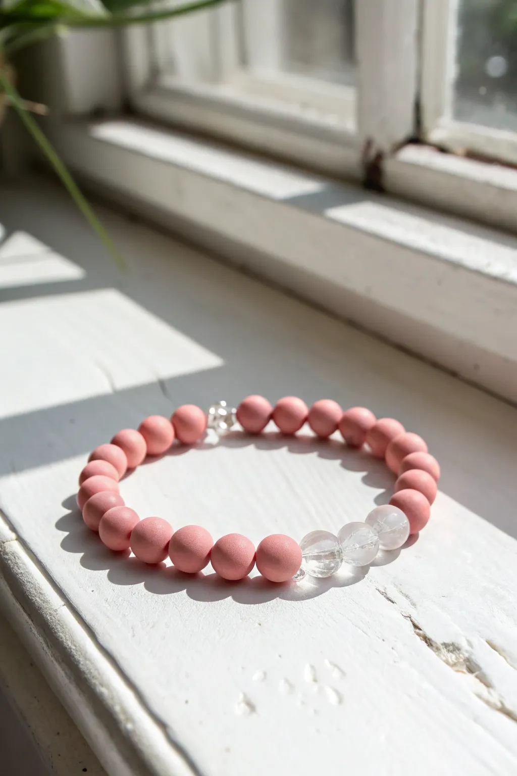 Pink clay bead bracelet with clear accents on white, bright and airy Scandinavian summer vibes.