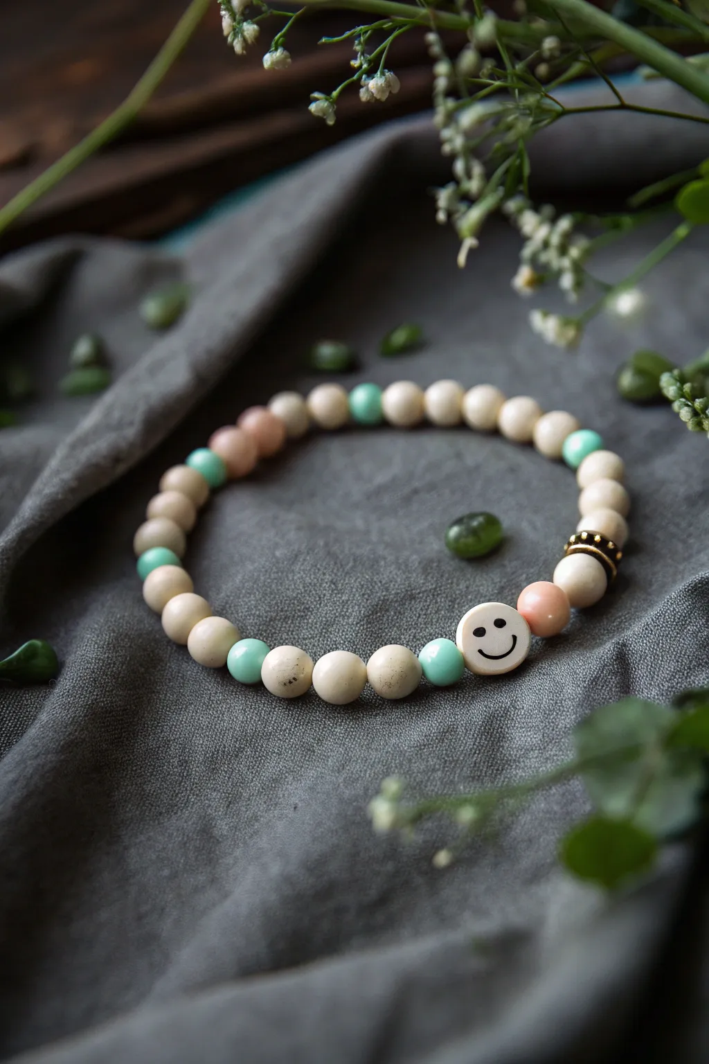 Glow-in-the-dark smiley clay bead bracelet with soft pastel beads and a subtle night glow.