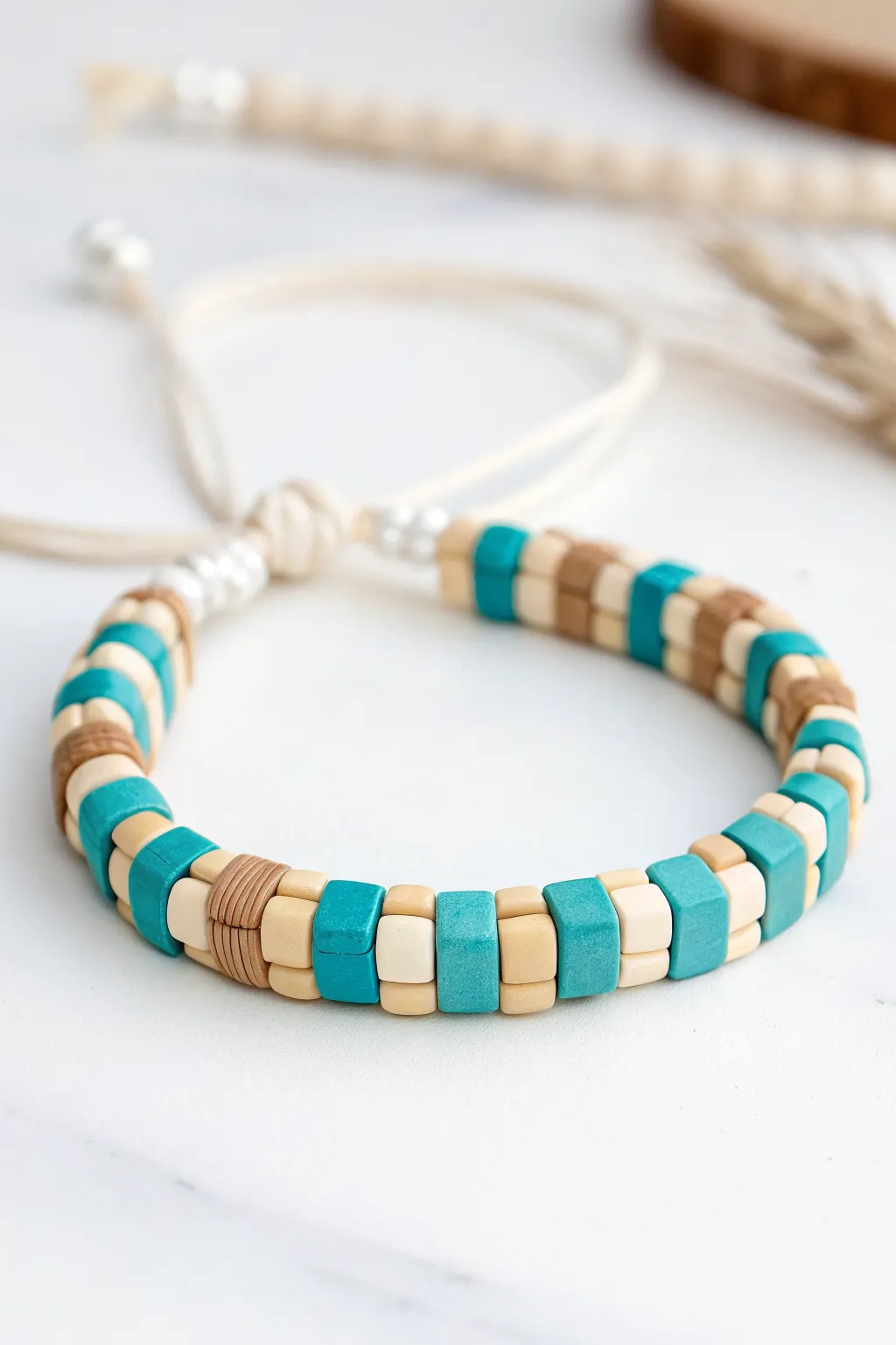 Beachy checkerboard clay disc bracelet in aqua and sand, crisp contrast and sunny minimal style