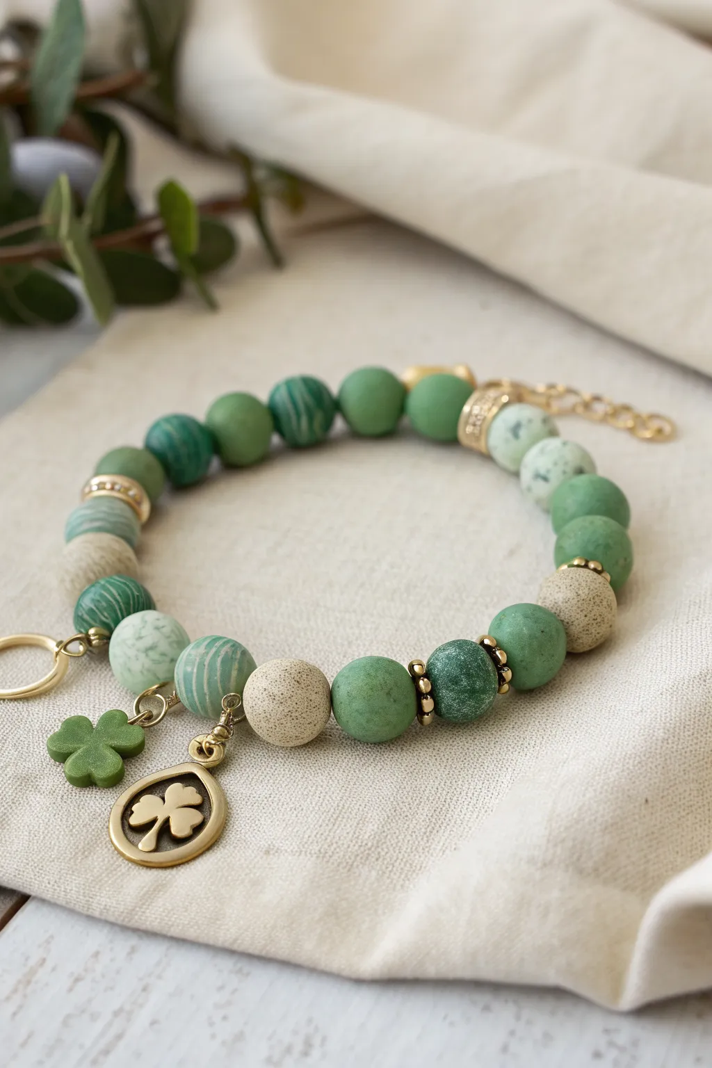 Lucky green clay bead bracelet with clover and horseshoe charms, styled in minimalist boho.