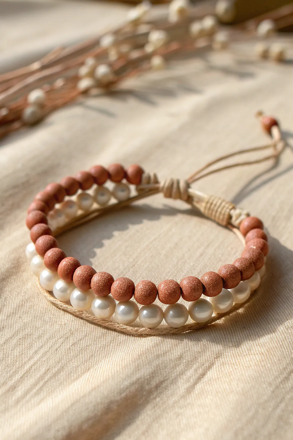 Ladder bracelet idea: matte clay beads with pearl rungs for a simple, striking finish