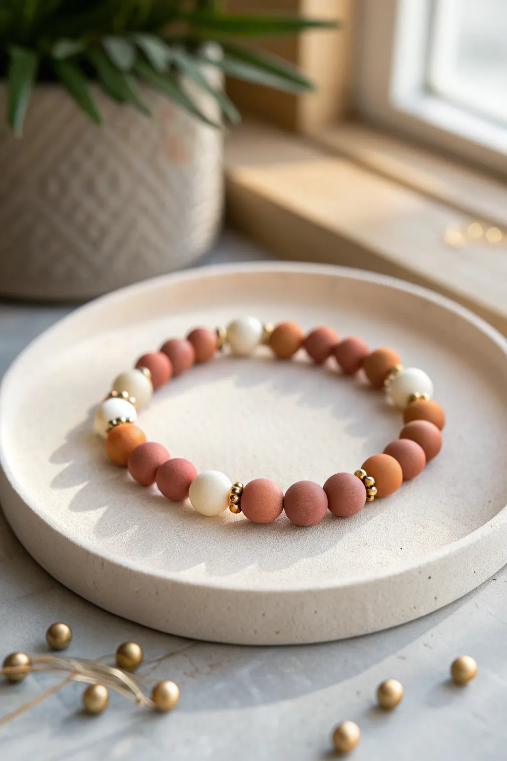 Gold spacer beads every few clay beads create an easy, consistent sparkle line bracelet.