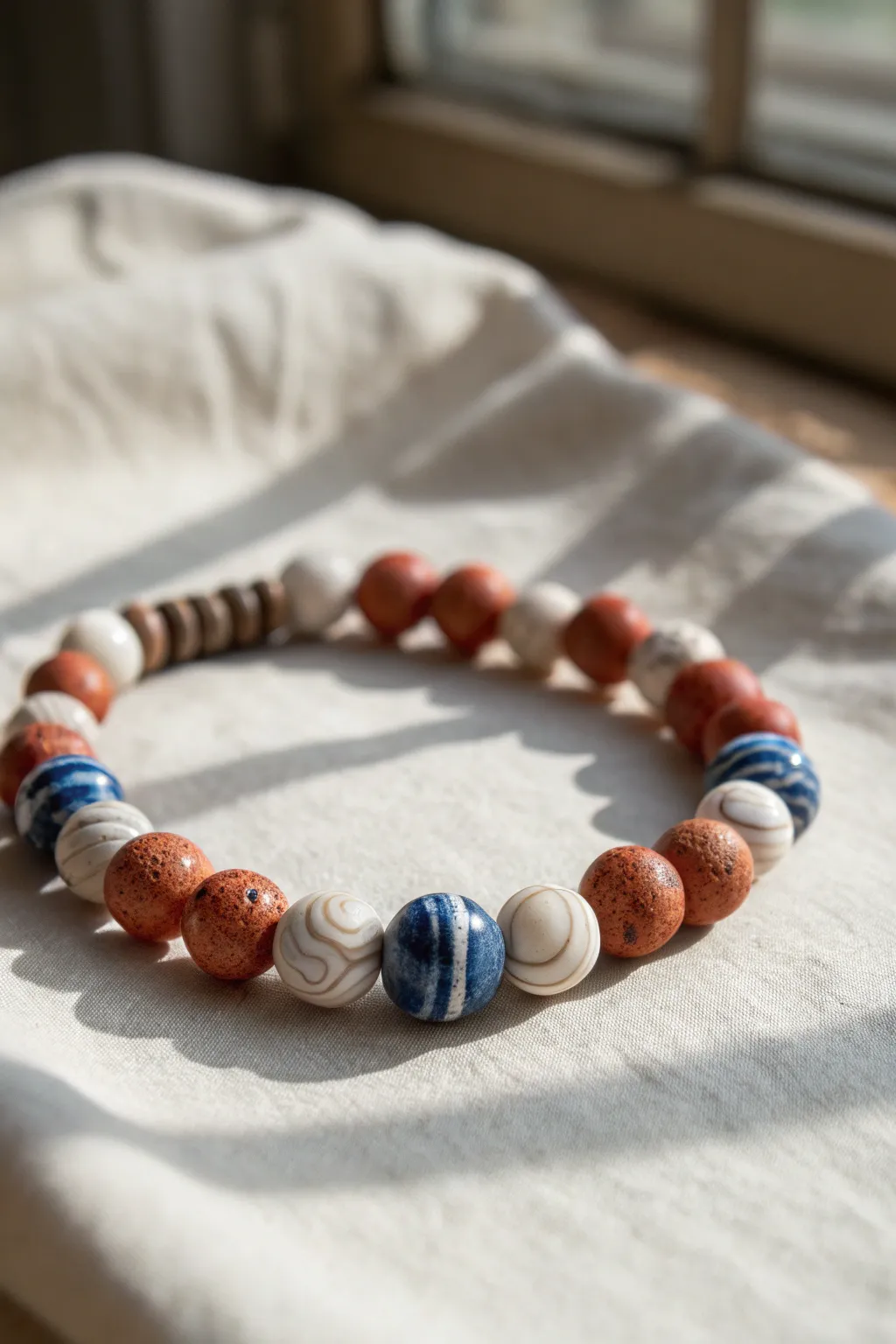 Marbled statement beads with sleek heishi spacers for a modern boho clay bracelet look.