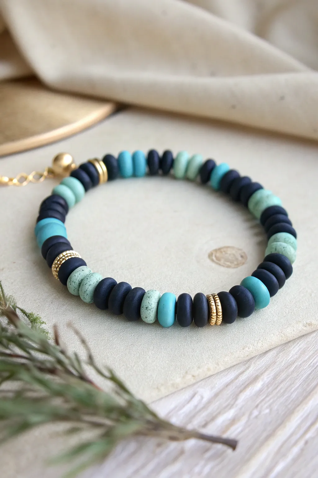 Glow-in-the-dark night sky clay bead bracelet idea with dark discs and soft luminous accents