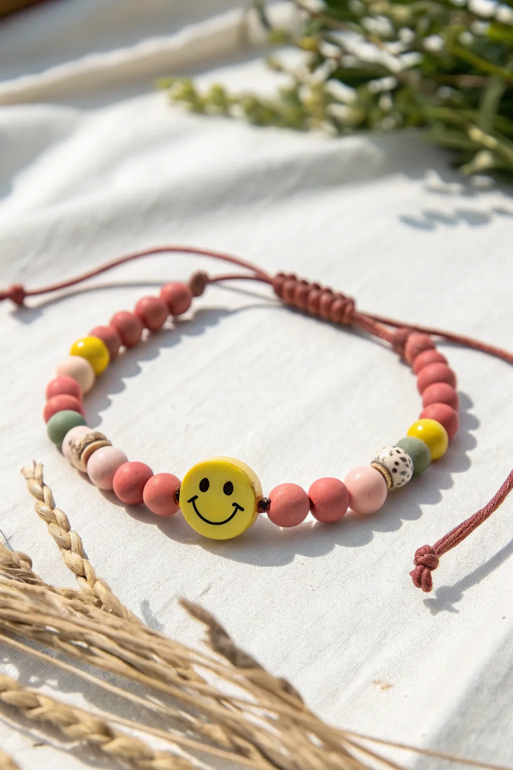 Retro smiley feature bead bracelet in bold clay colors, minimalist styling with a boho twist.