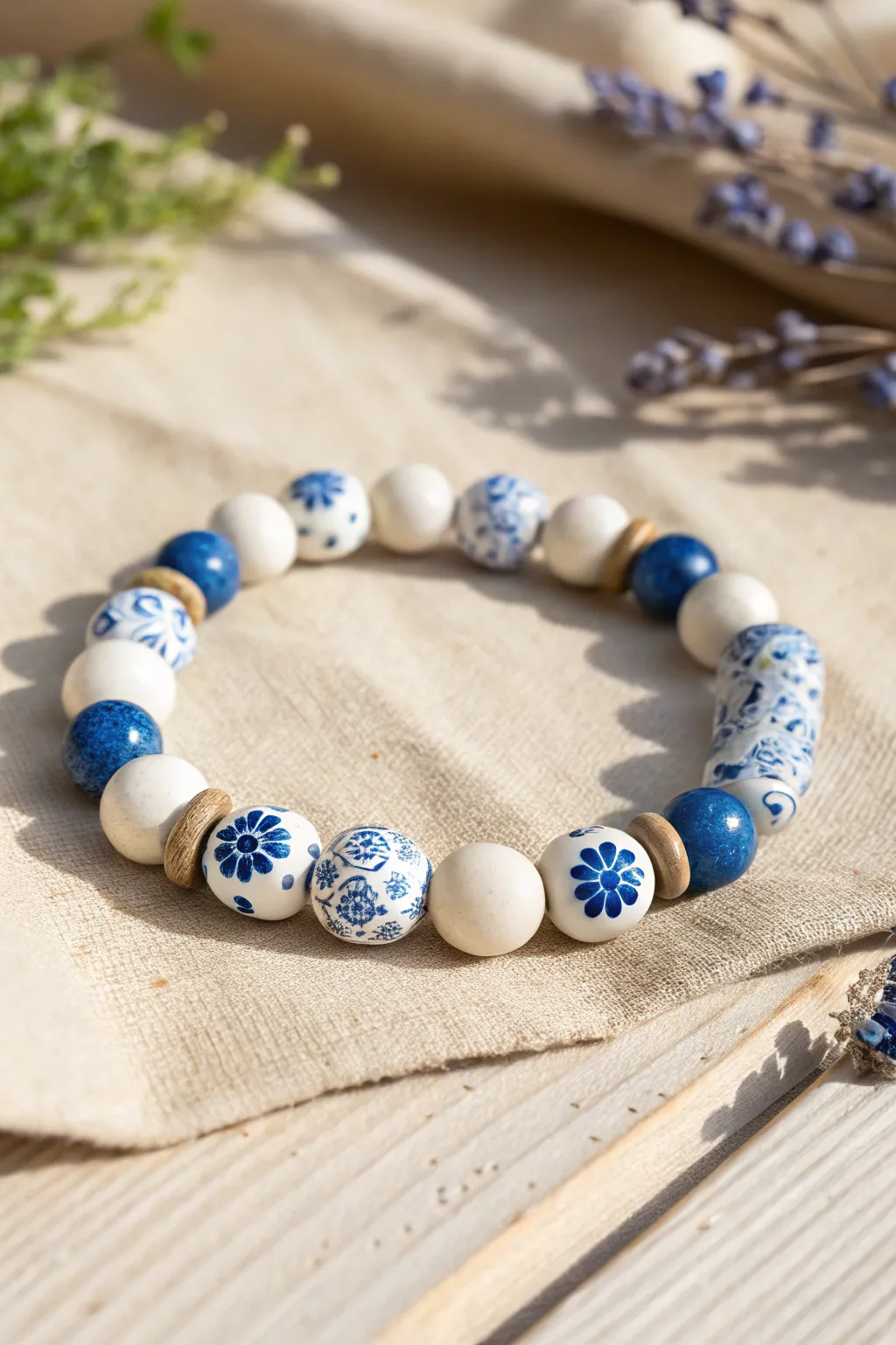 Delft inspired blue florals on white focal beads create a bold, clean bracelet with handmade charm.