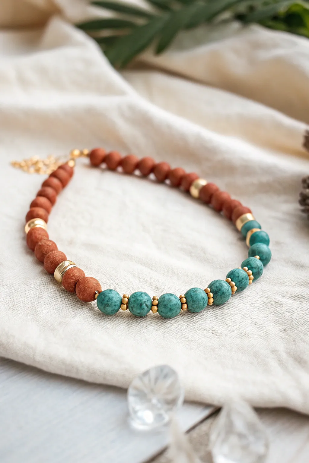 Clay bead bracelet with intentional gaps and bold color clusters for clean, modern negative space