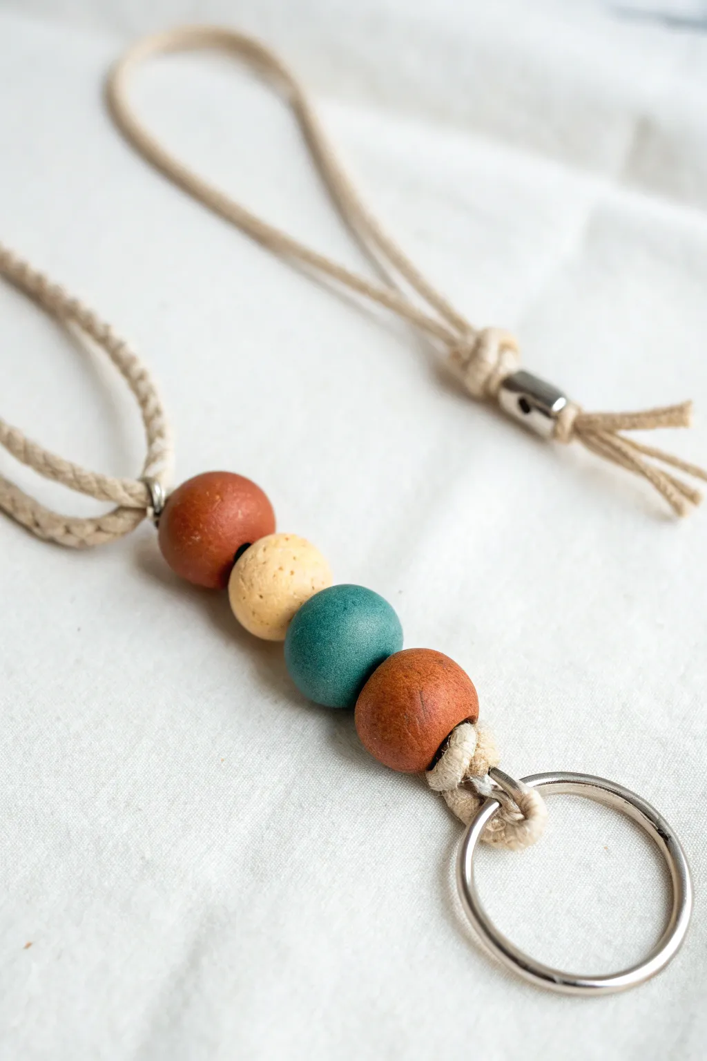 Minimalist sliding-knot clay bead keychain with bold color contrast and an adjustable loop.