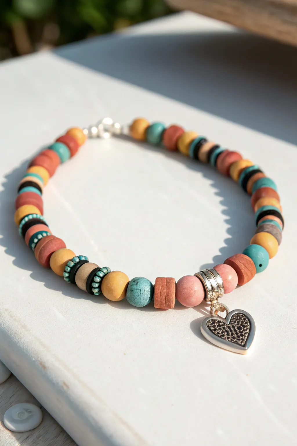 Centered heart charm bracelet with mirrored clay bead pattern, bold colors on a clean white base