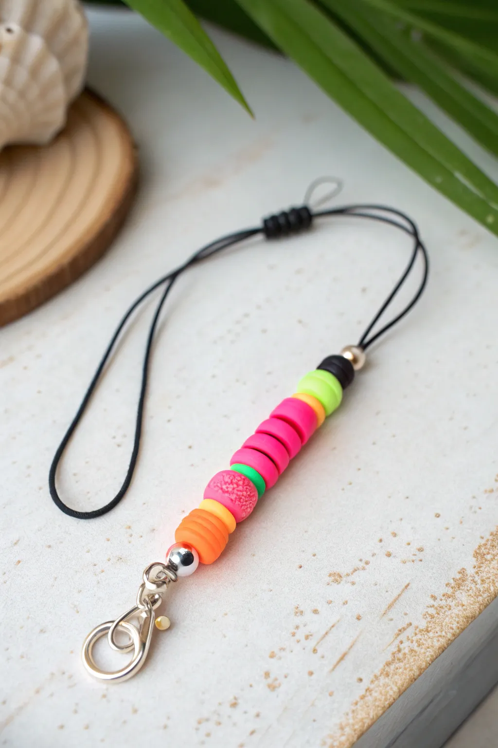 Neon clay heishi phone charm with charcoal accents, minimalist vibe, bold color punch.