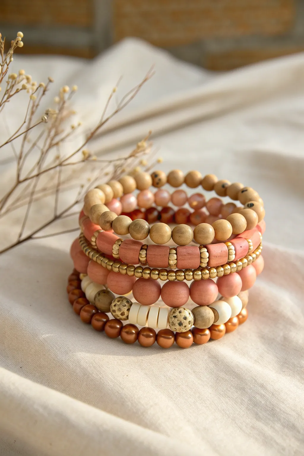 Curated mismatch clay bead bracelet stack in terracotta, blush, cream, with gold accents