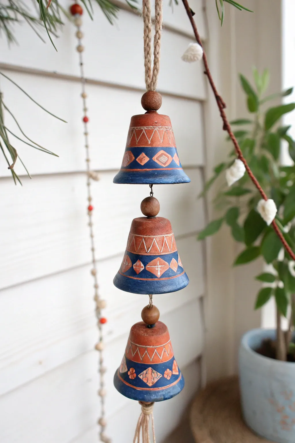 Three-tier clay bell wind chime stack with bold glaze accents for minimalist boho calm.
