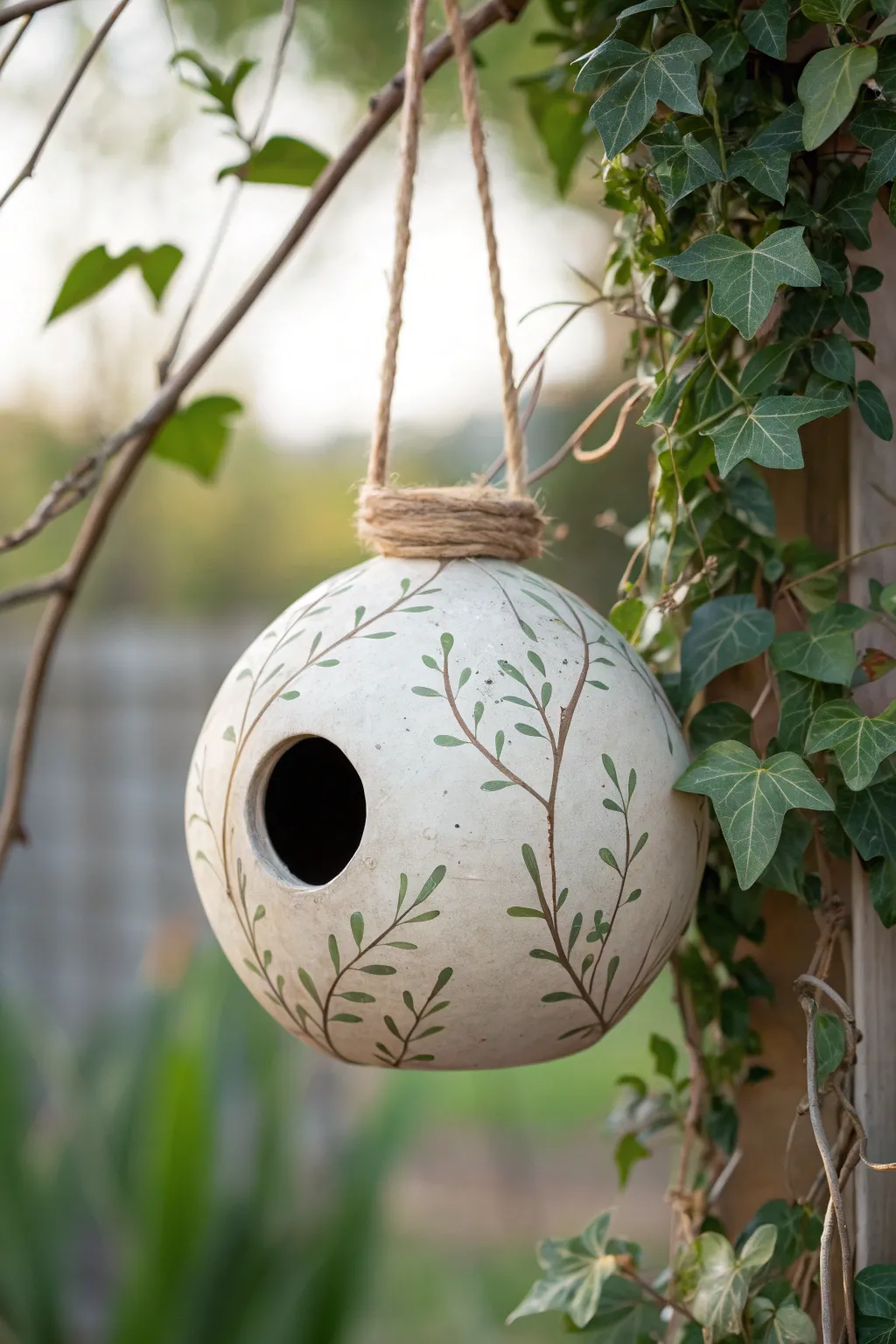 Spherical clay birdhouse with vine-textured charm, hung in greenery for a cozy boho touch.