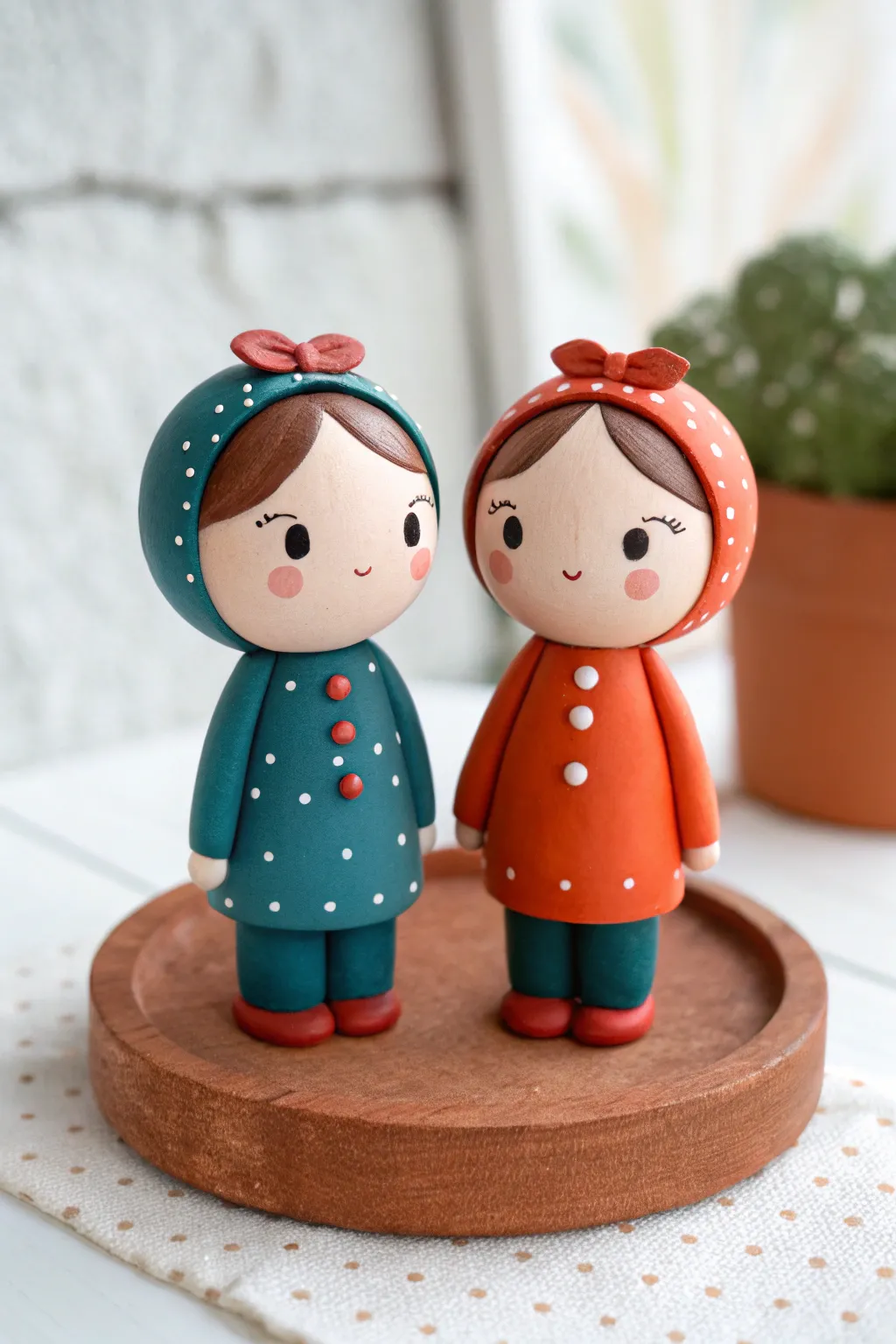 Best friends mini clay bobbleheads in bold, coordinated colors with a clean minimalist look