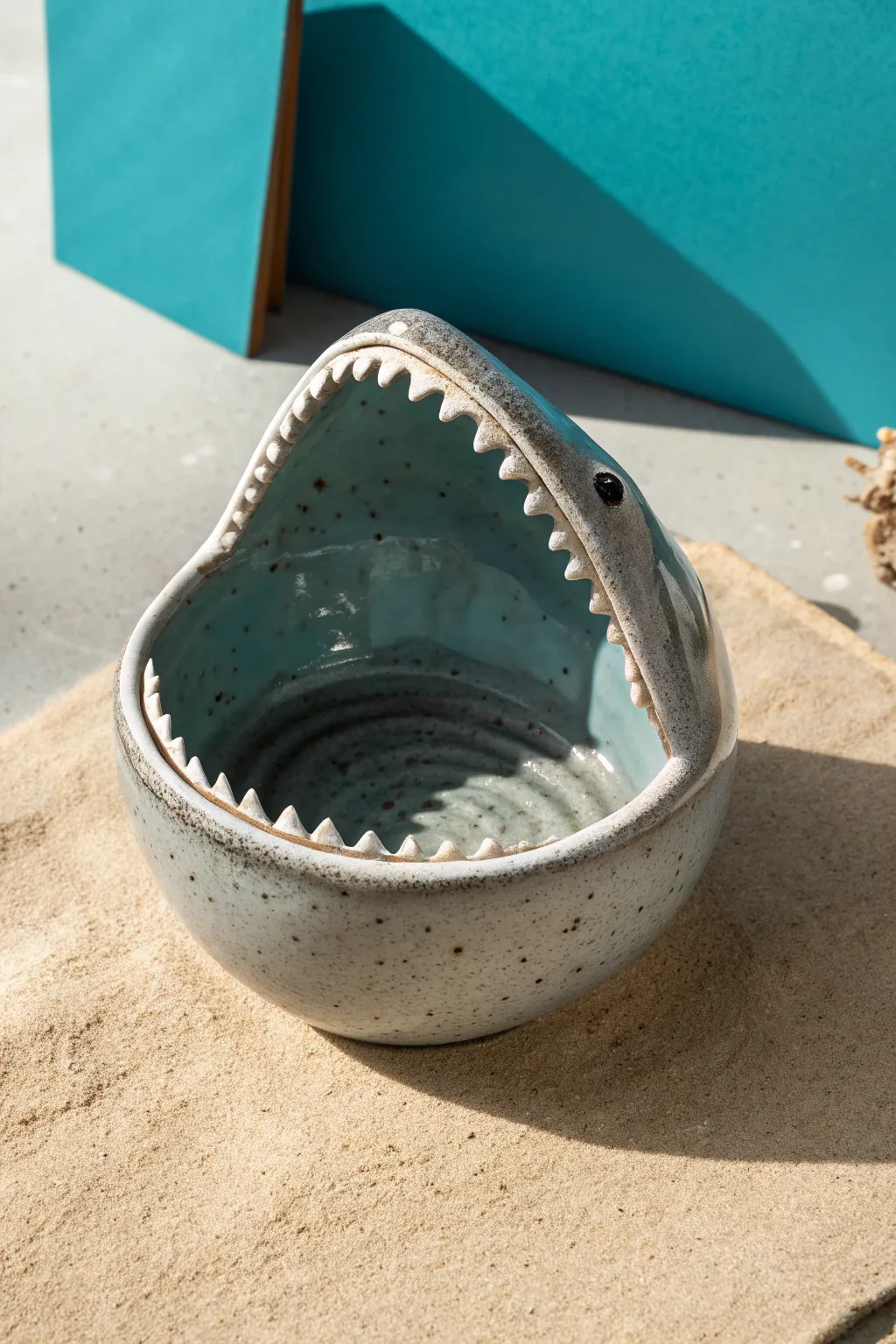 Sculpt a playful shark mouth bowl with toothy rim in cool gray glaze, clean and bold.