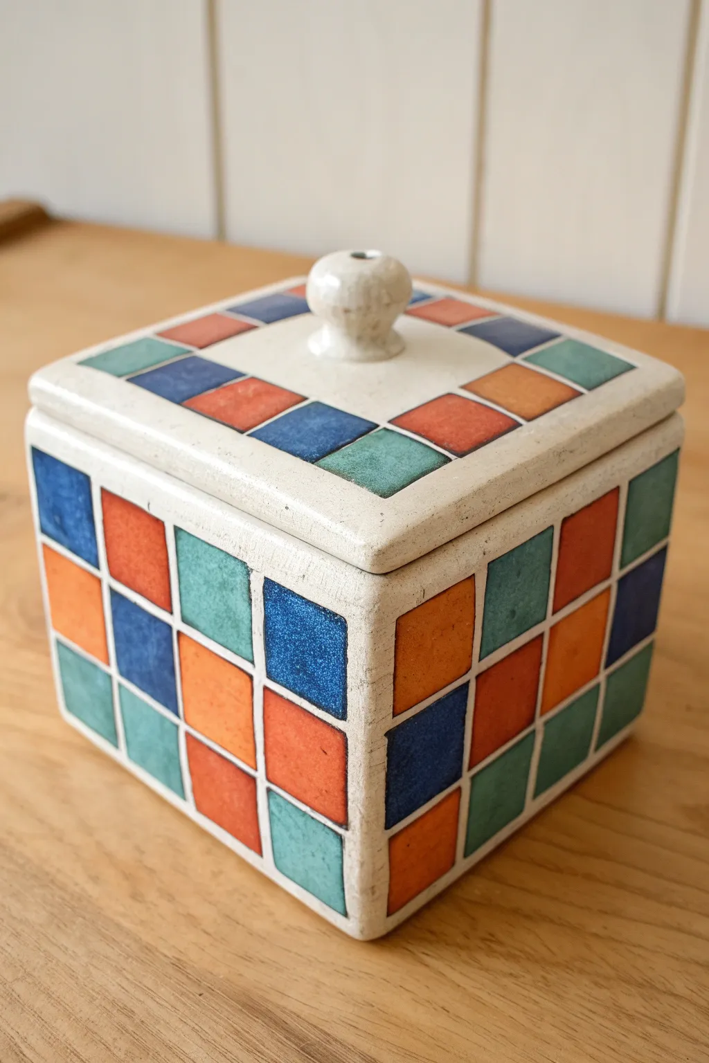 Bold pixel-square painted clay box with a simple cube knob, minimalist and striking