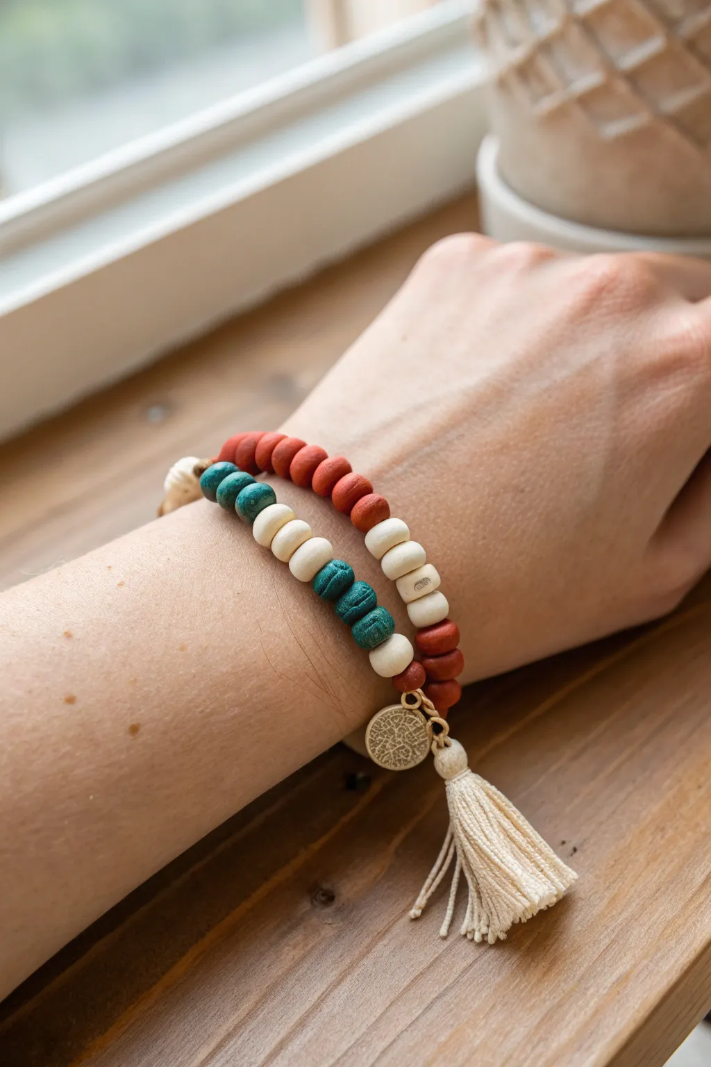 Bold mixed-shape clay bracelet with heishi beads and a soft tassel, minimalist boho charm.