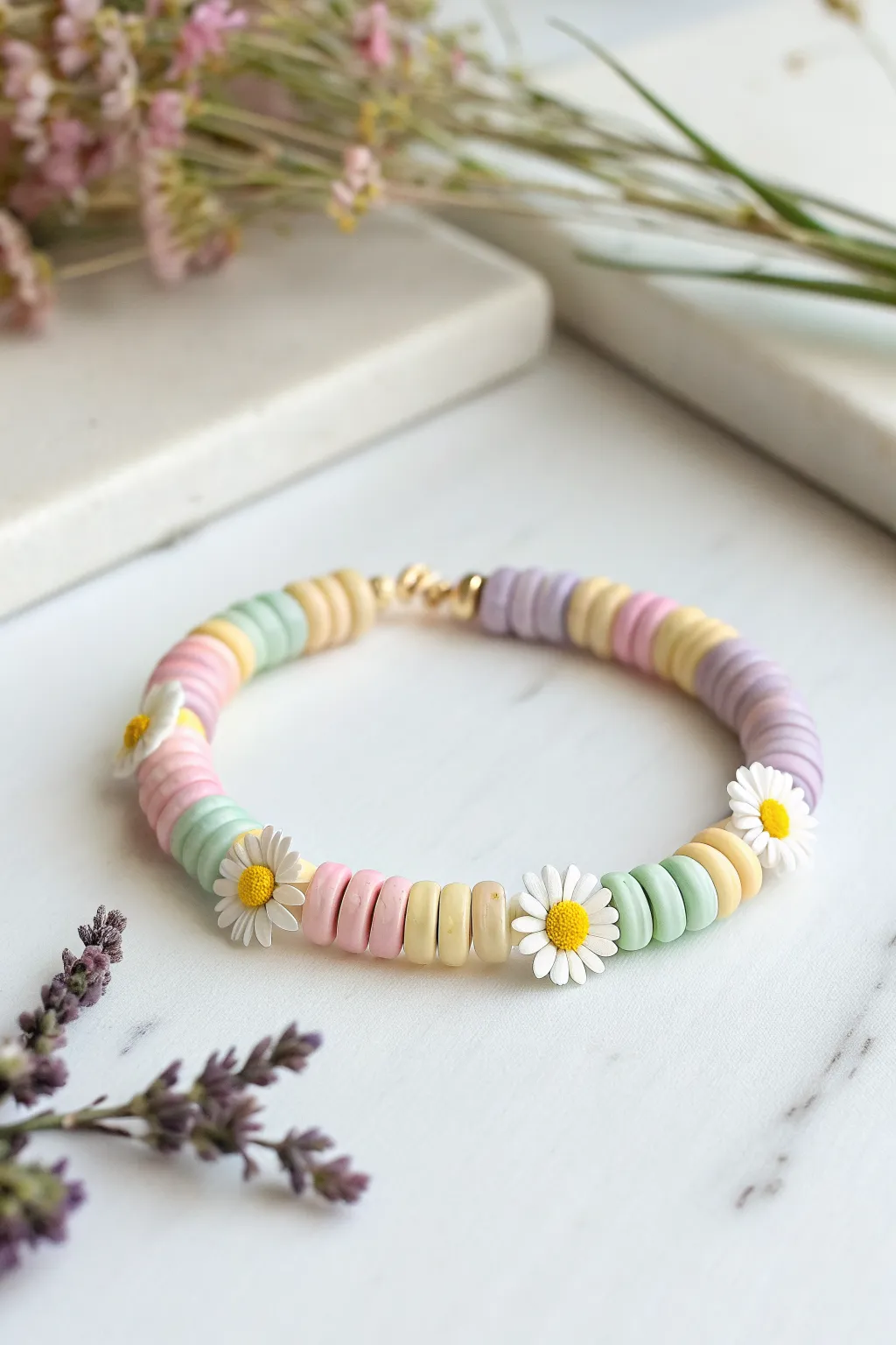 Pastel heishi bracelet with sweet daisy spacers, coiled cleanly for a crisp minimalist look.