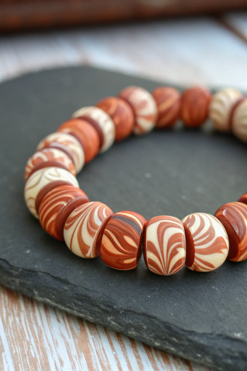 Marbled swirl heishi bracelet in bold terracotta and ivory, minimalist yet boho-chic.