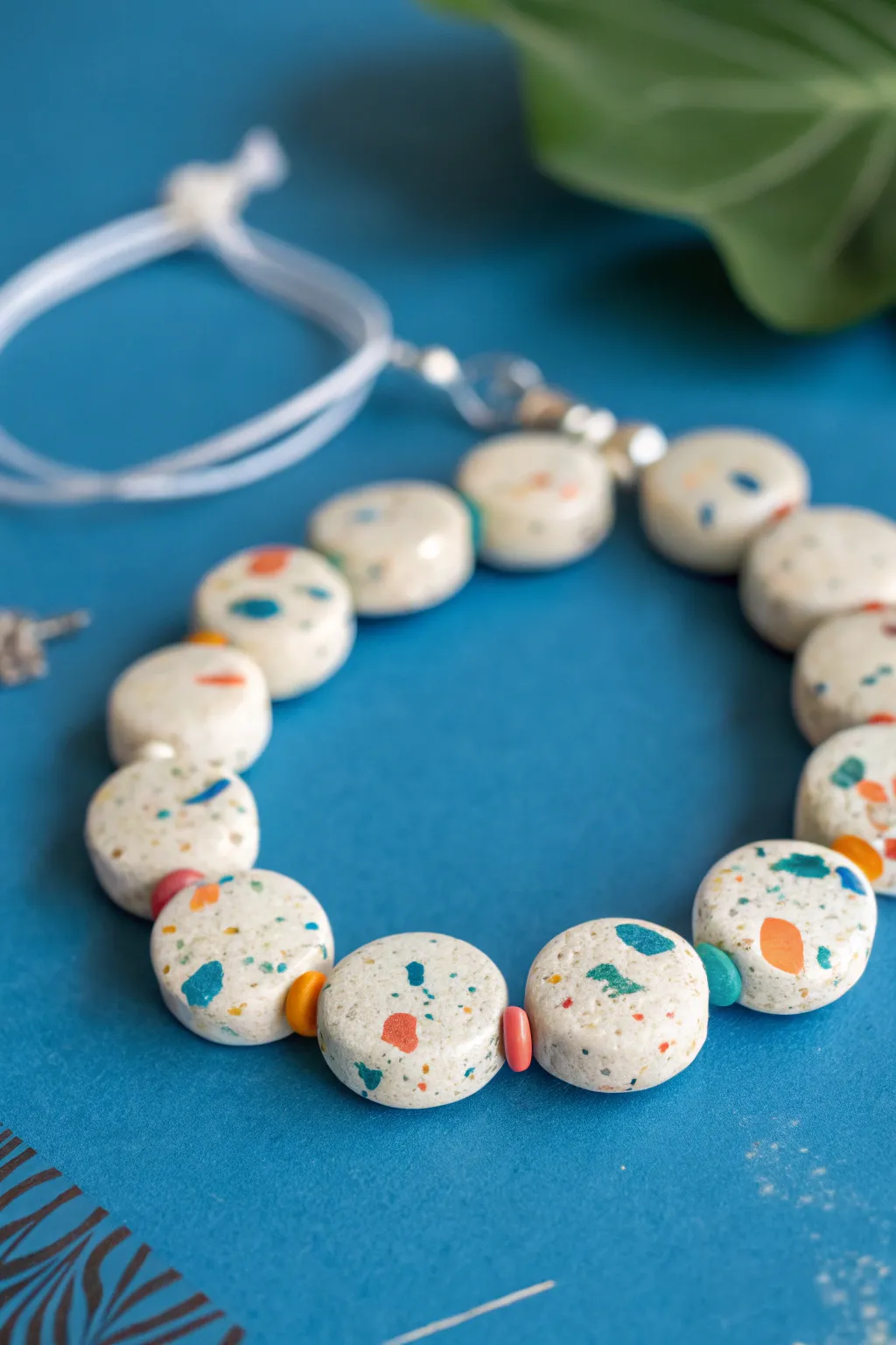 Playful terrazzo confetti clay bracelet in modern neutrals and bold flecks, minimalist boho vibe.