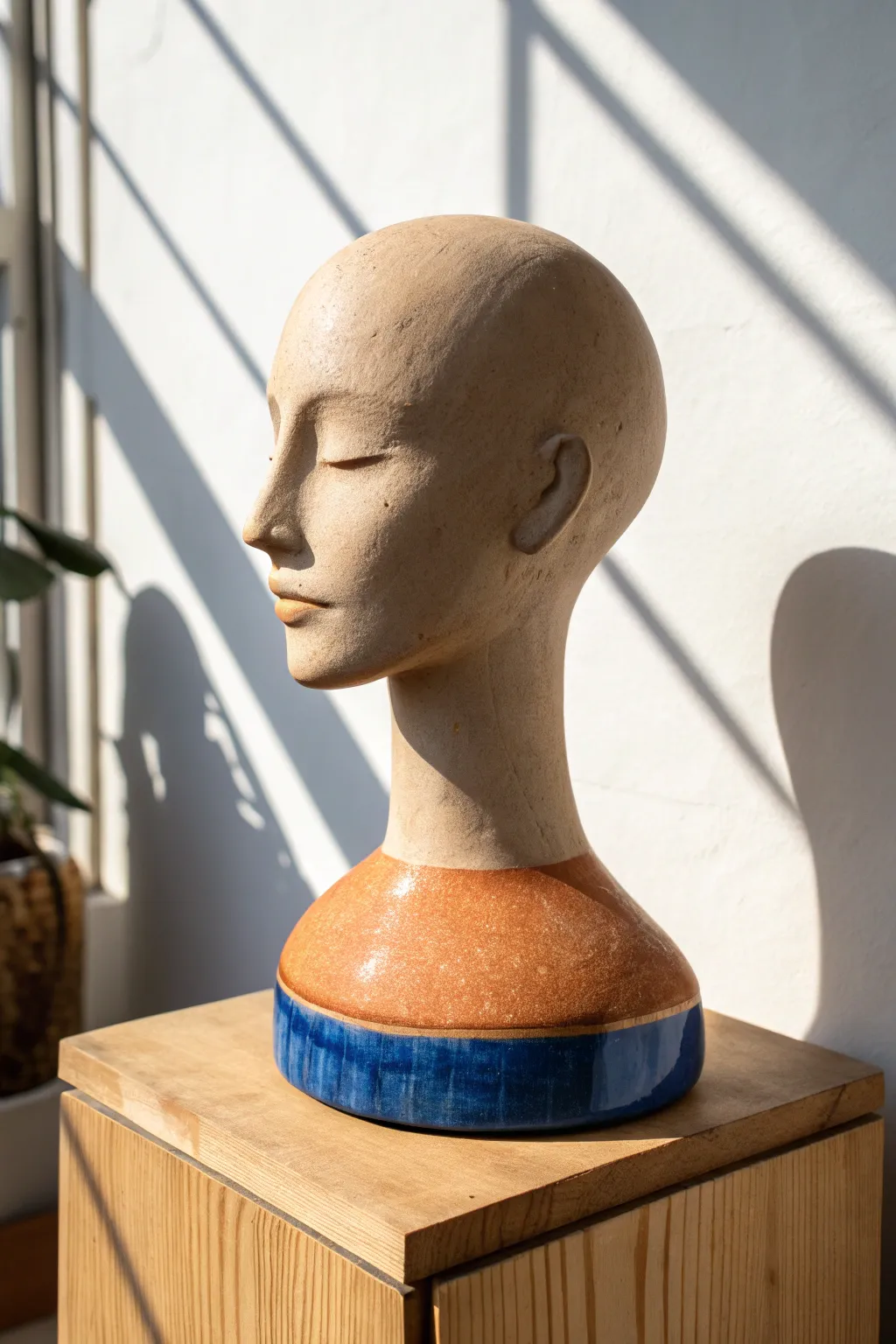 Faceless minimalist clay bust in bold terracotta and cobalt, Scandinavian calm with boho edge.