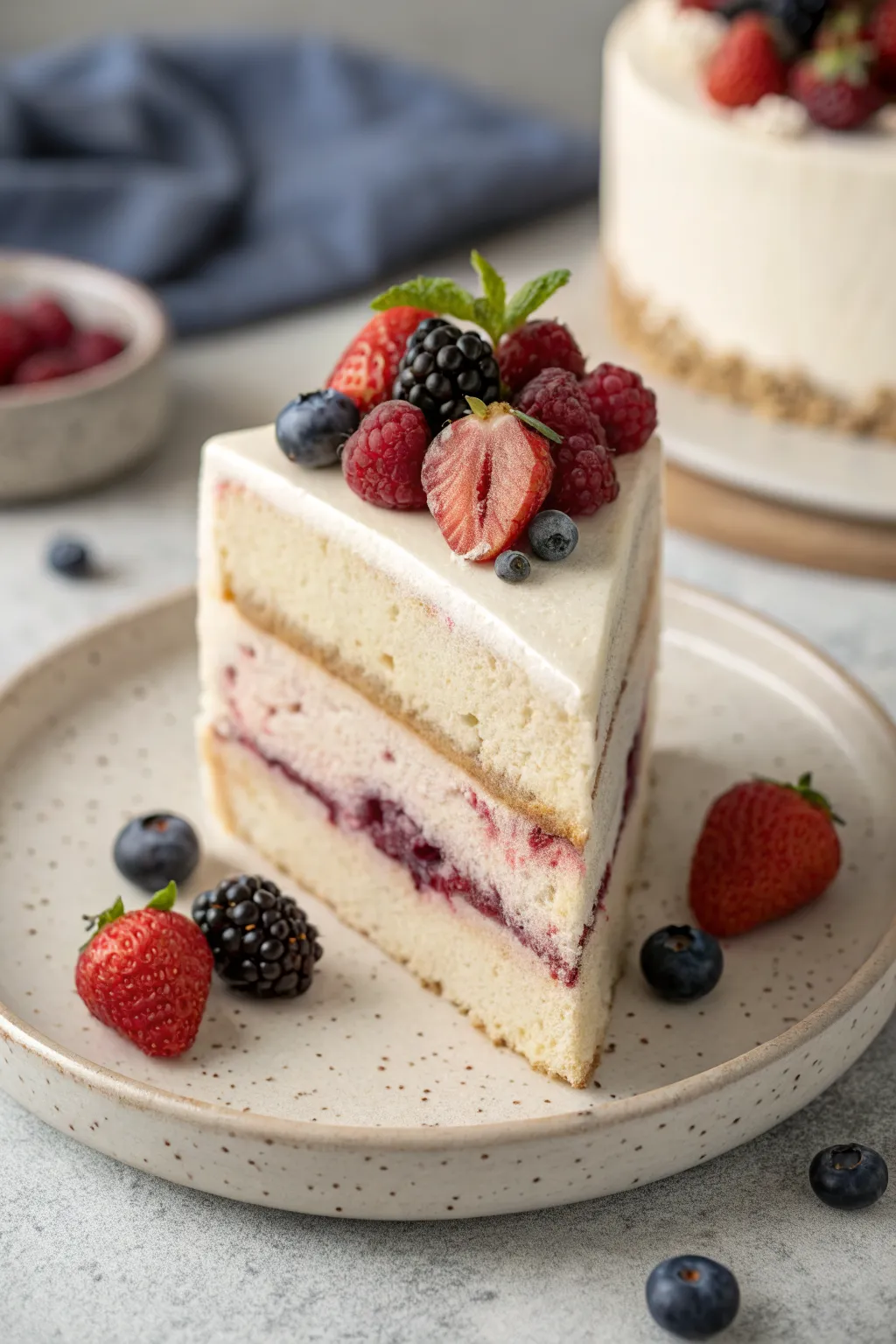 Mixed berry topped clay cake slice with bold color, minimalist styling, and handmade charm