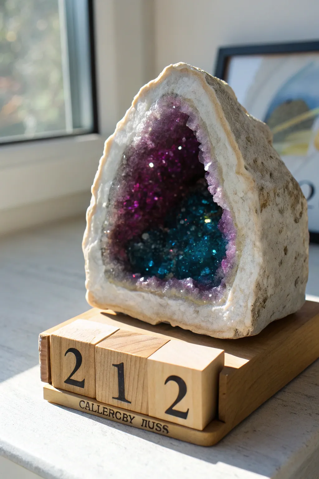 Crystal geode desktop calendar nook with sparkly interior and minimalist date blocks in bold color.