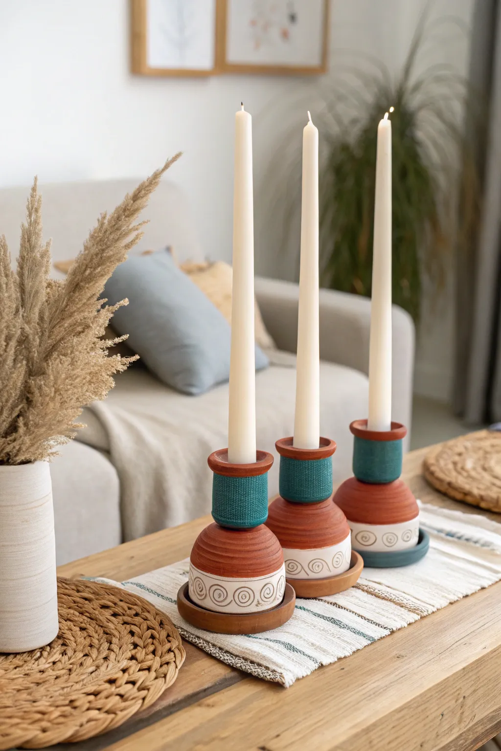 Two-tone dip-painted clay candle holder trio, minimalist and bold for cozy coffee-table styling.