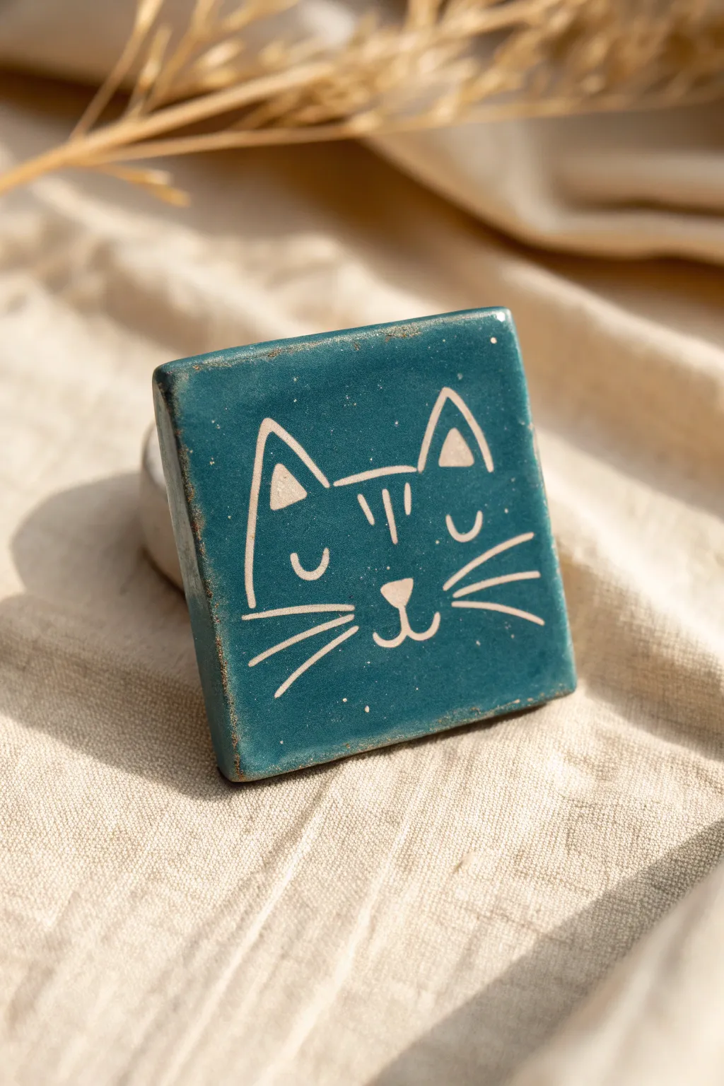 Minimal cat face clay tile in bold teal, a Scandinavian-boho accent for cozy feminine spaces