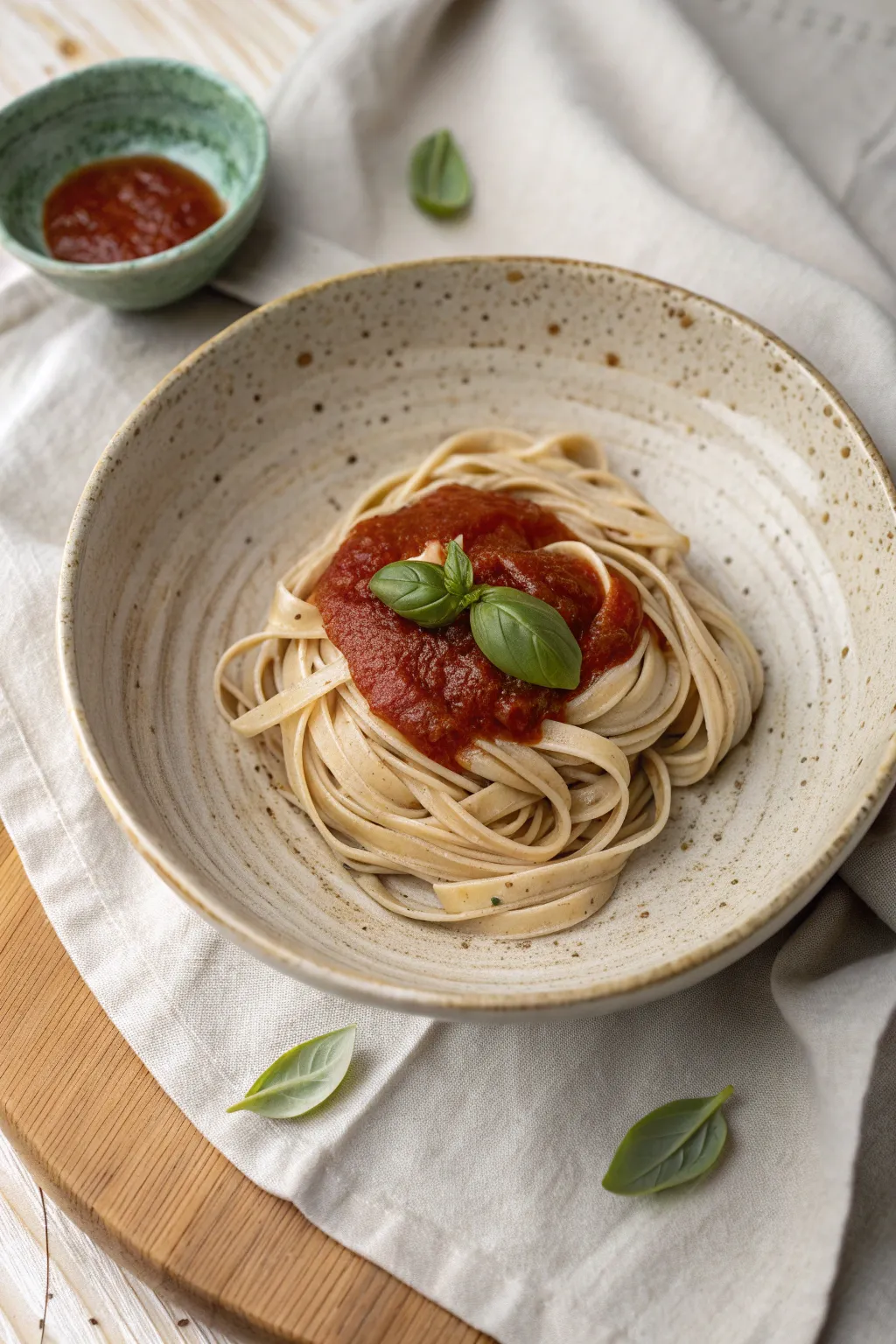 Matte noodles, glossy tomato sauce, and two basil leaves on a minimalist handmade ceramic plate.