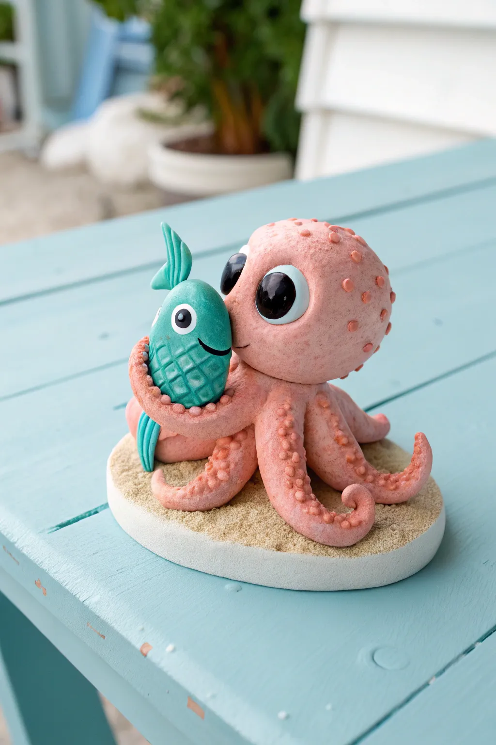 Big-eyed octopus hugging a simple fish, bold boho colors on a calm sea-blue minimalist backdrop.