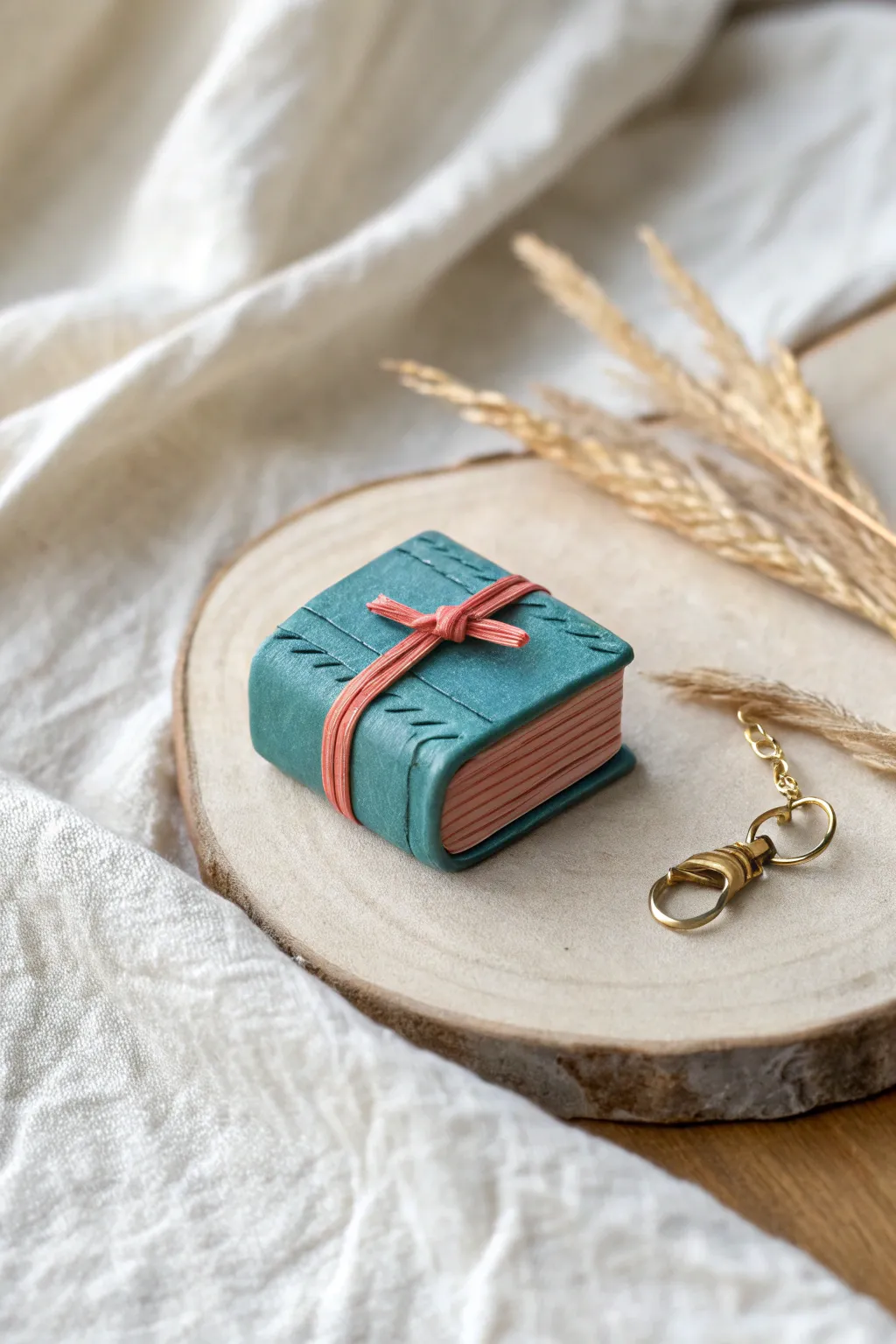 Tiny clay book charm with a sweet face and bookmark detail, perfect for earrings or keychains.