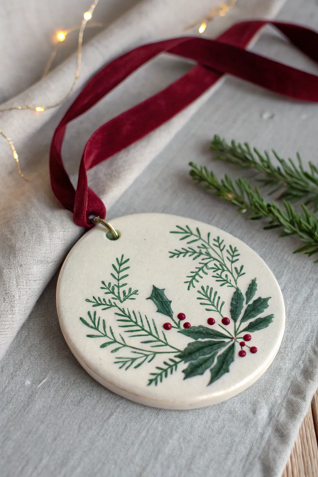 Glossy pattern-transfer clay ornament with simple festive botanicals and bold ribbon for Christmas.