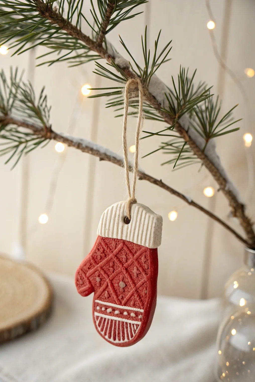 Nordic knit clay mitten ornament in bold red and cream, simple, cozy, ready for the tree.