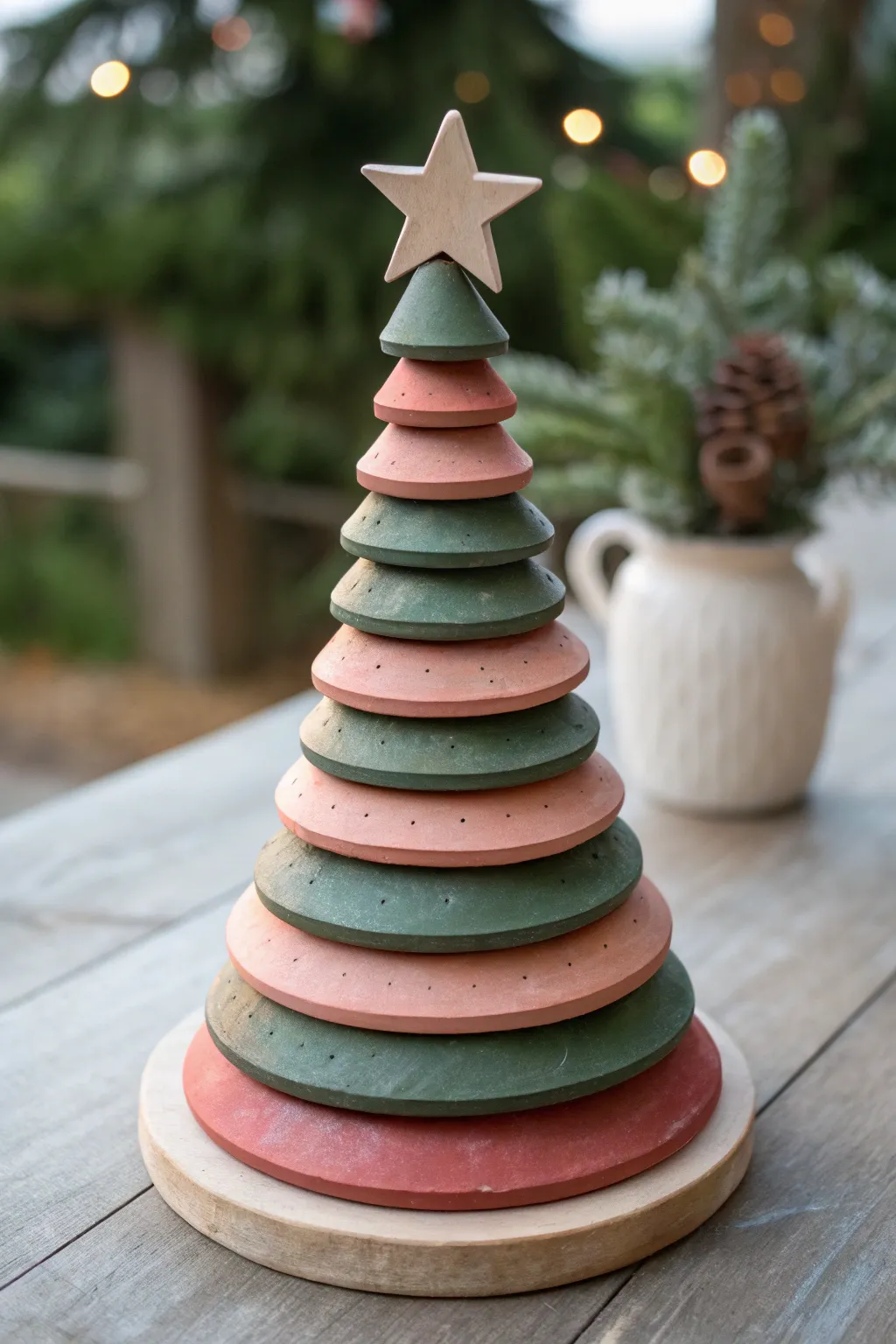 Stacked clay disc Christmas tree in matte tones with a simple star topper, minimal and cozy.