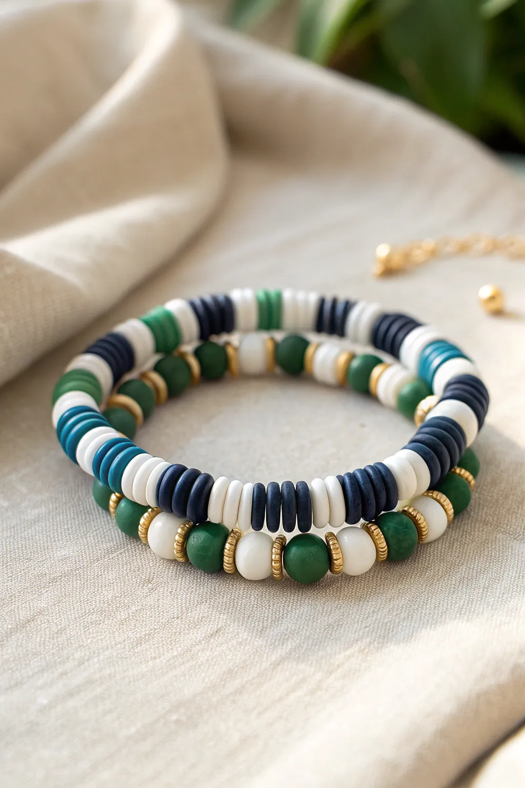 Preppy striped clay bead bracelets in navy, white, and green for a crisp minimalist stack