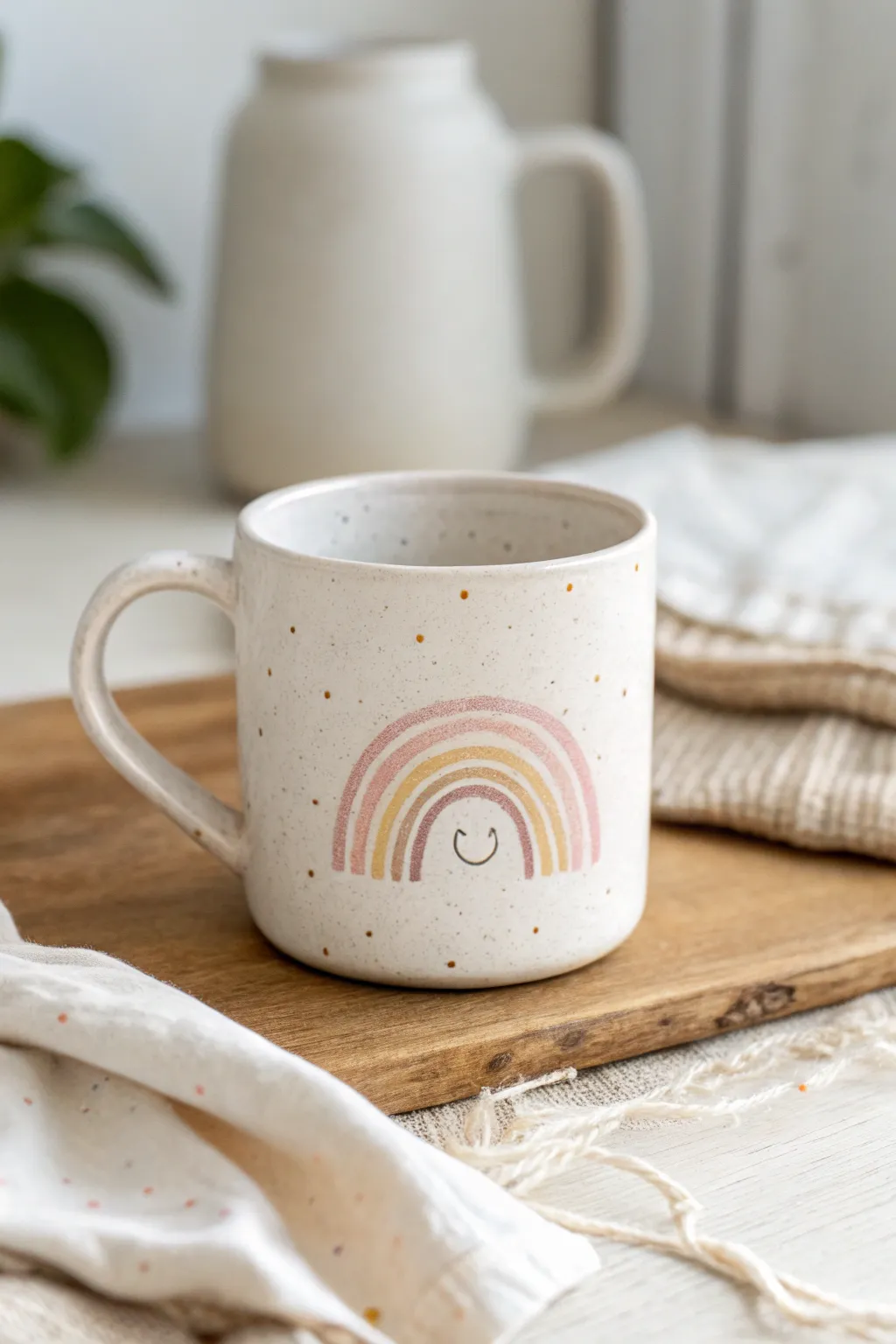 A pastel rainbow mug with a tiny smiley detail for a cute, simple, handmade coffee moment.