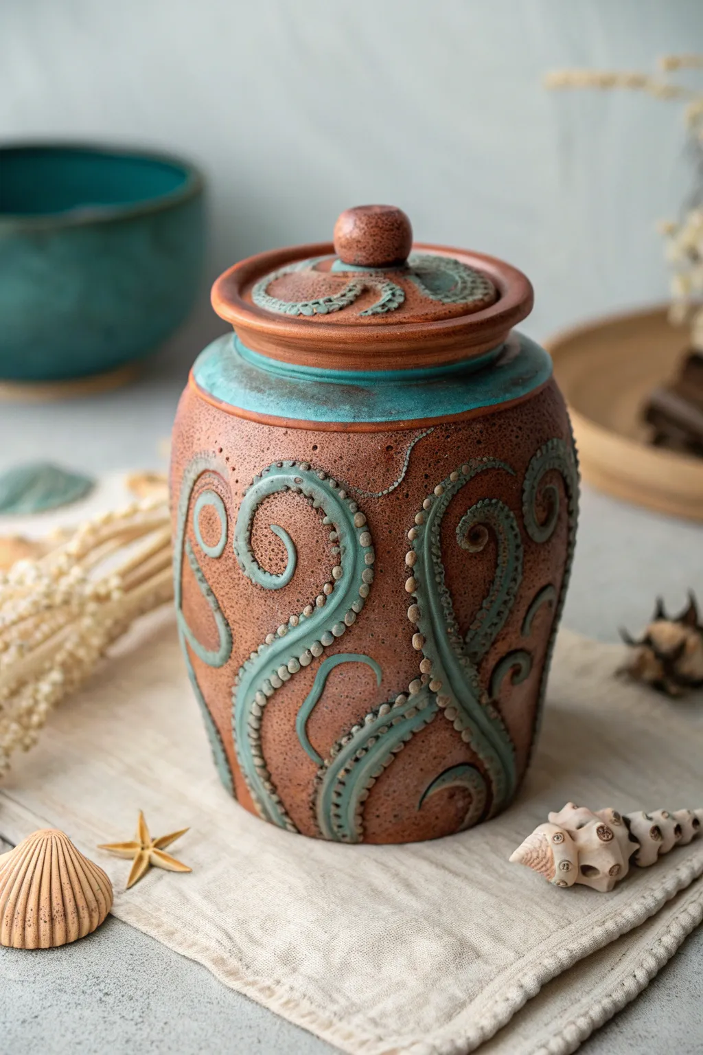 Sculptural coil jar with curling tentacle details, minimalist boho styling, bold ocean hues.