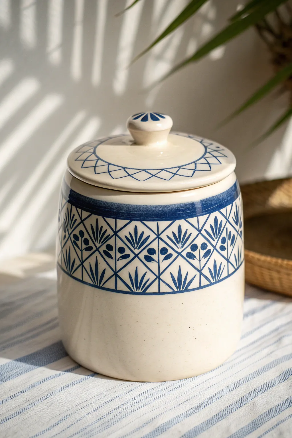 Cookie tin inspired clay jar with bold patterned band and cute cookie medallion lid