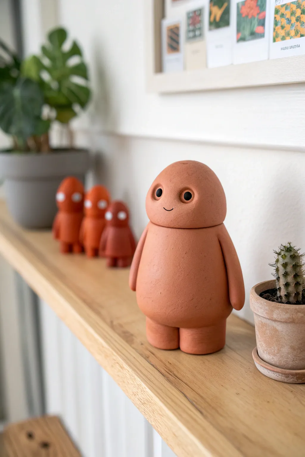 Create mini clay characters from simple spheres and coils for a cute shelf display.