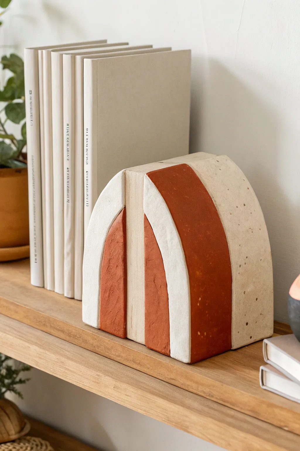 Chunky color-blocked clay bookends in cream and terracotta for a bold, handmade shelf moment.