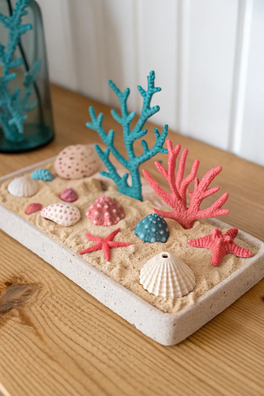 Kids clay coral reef diorama in bold ocean hues, simple textures, perfect for undersea play.