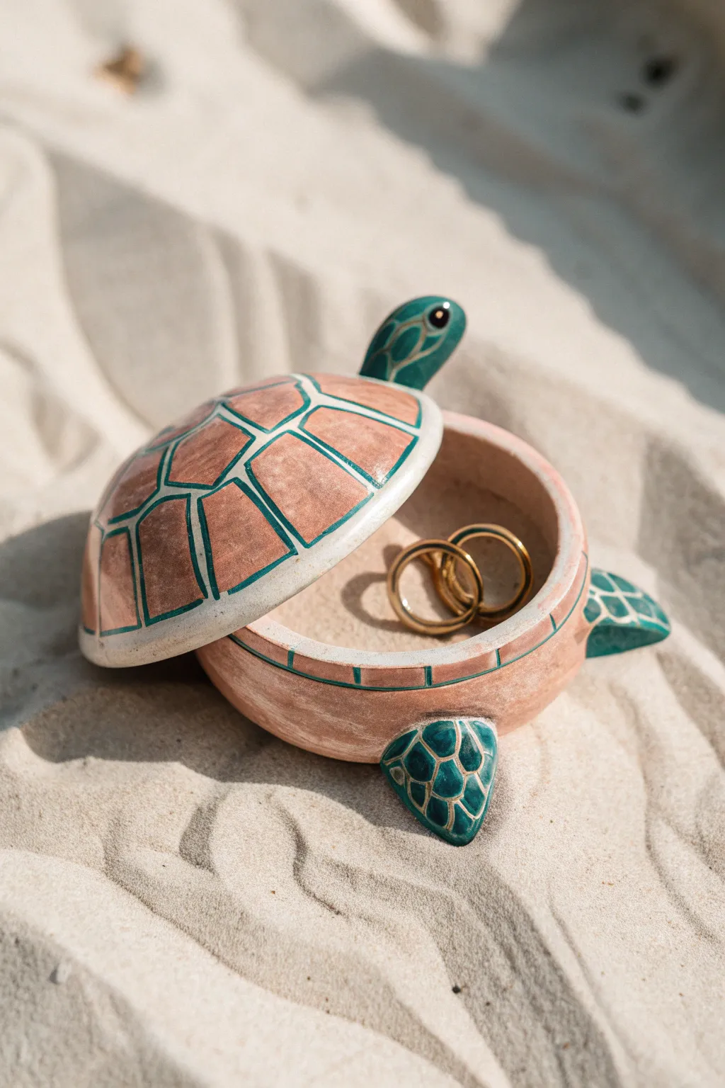 Tiny turtle-shaped lidded jewelry box, slightly open, showing rings inside in minimalist style.