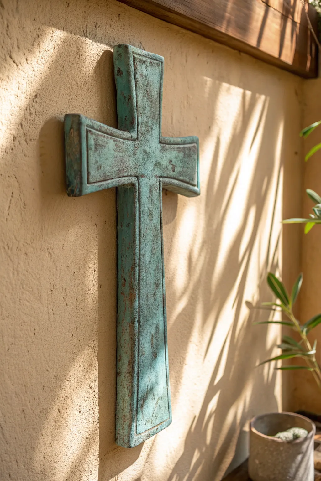 DIY clay cross with faux turquoise patina for a bold yet minimalist wall accent