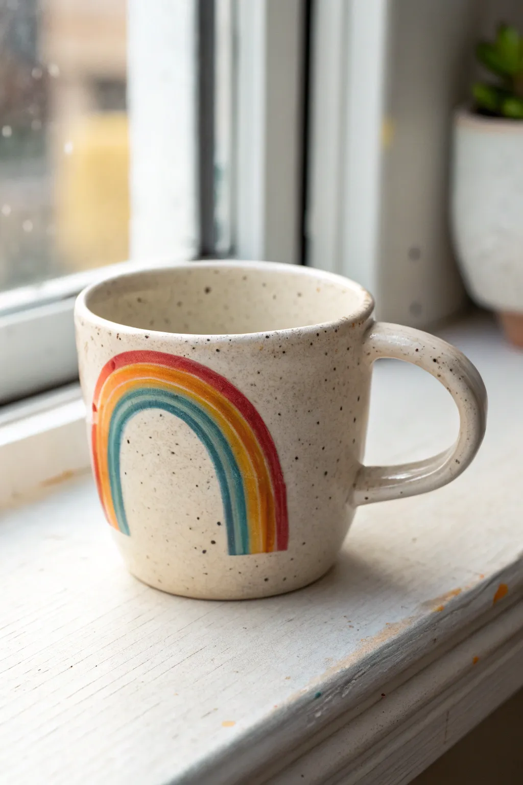 Handmade clay cup with a bold rainbow handle accent for a simple, joyful Scandinavian-boho look.