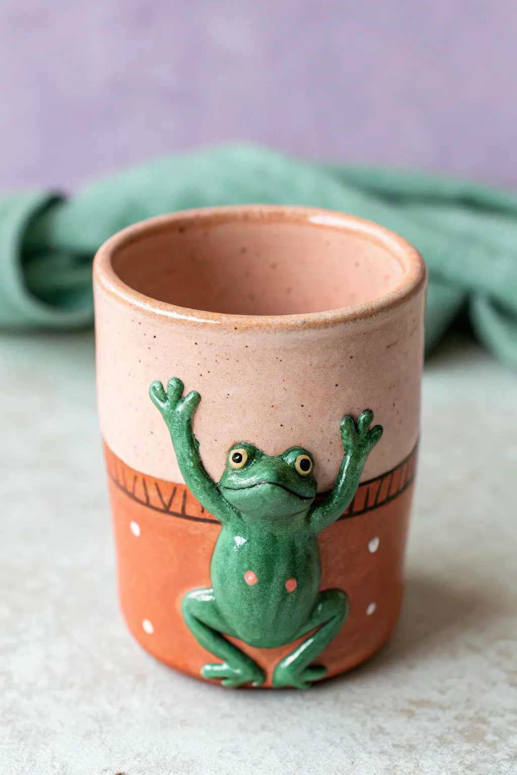 Frog hug cup idea: a playful clay cup with wraparound arms in bold glaze on pastel backdrop