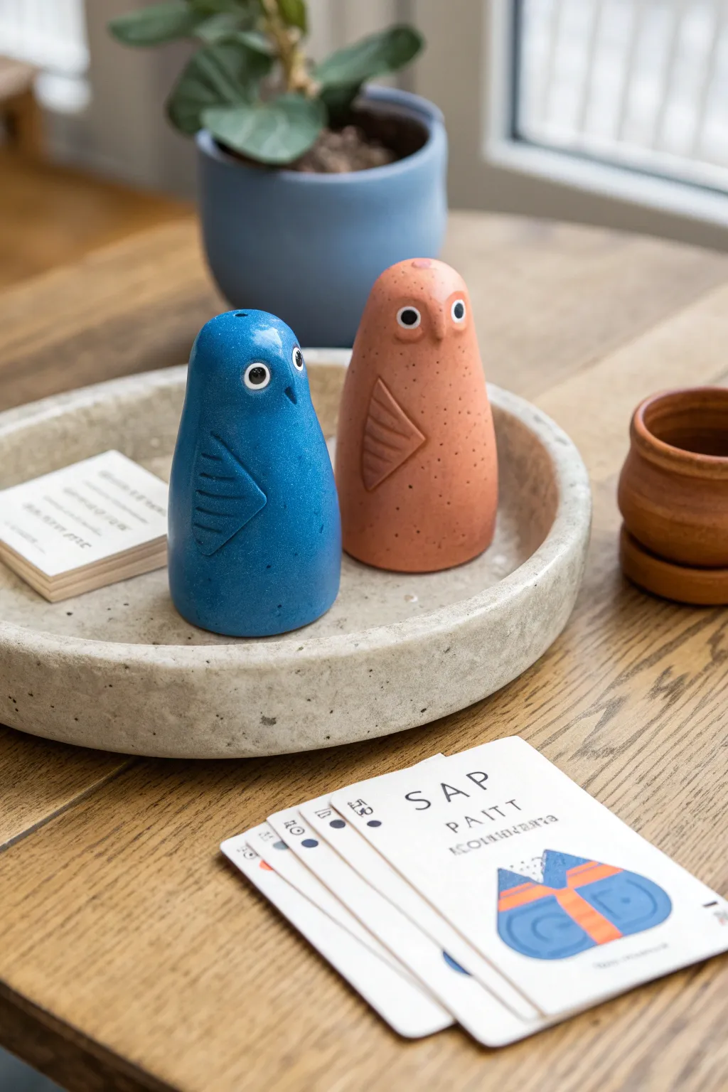 Playful clay date night: two mystery mini sculptures with blank cards for guessing games